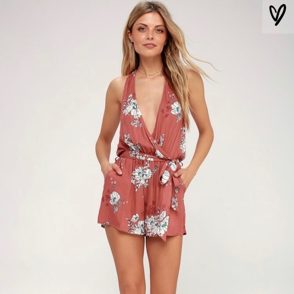 Lulus Pants - Lulus Renee Rusty Rose Floral Print Halter Romper